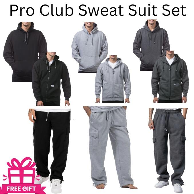 Pro Club Men's 2-Piece Clothing Set - 60% Cotton 40% Polyester, Long Sleeve Zip-Up Hoodie with Pocket, Matching Cargo Sweatpants with Ample Space, Stylish Plain Top, Cozy Enough for Cool Casual Days (Black, Heather Gray, Charcoal Gray, 2 XL) Classic Mensw