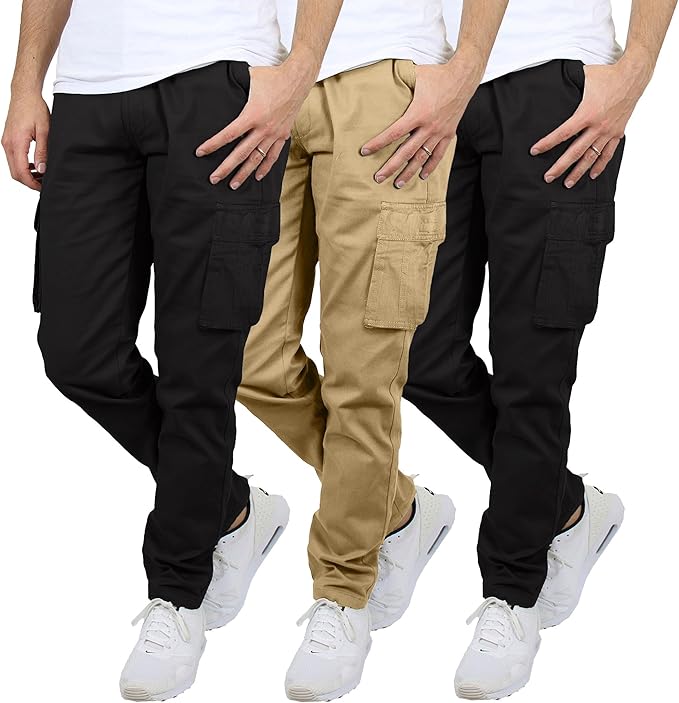 3-Pack Men's Flex-Stretch one size dowen for perfect fit Cotton Cargo Pants 31-Inch Inseam - Comfortable Durable Plain Design in Black Khak