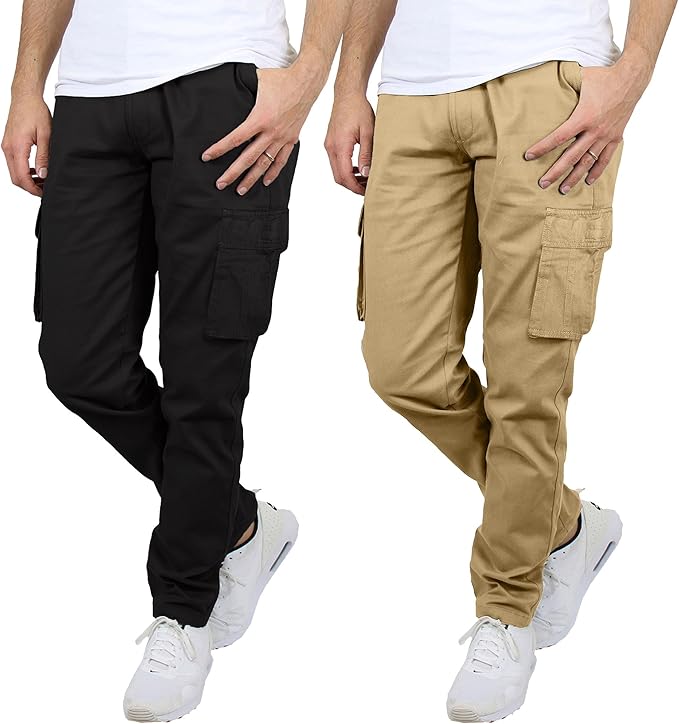 3-Pack Men's Flex-Stretch one size dowen for perfect fit Cotton Cargo Pants 31-Inch Inseam - Comfortable Durable Plain Design in Black Khak