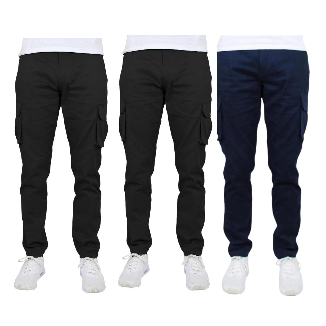3-Pack Men's Flex-Stretch one size dowen for perfect fit Cotton Cargo Pants 31-Inch Inseam - Comfortable Durable Plain Design in Black Khak