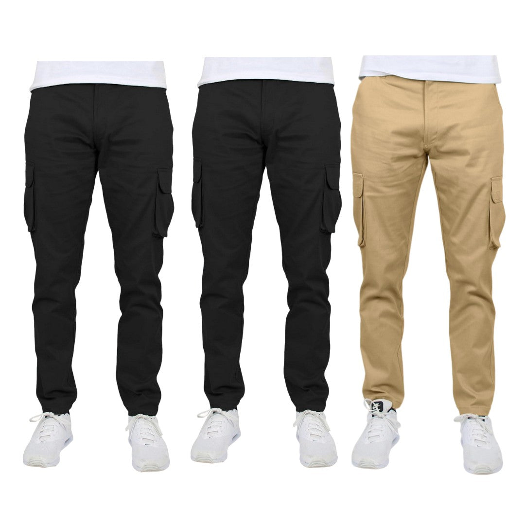 3-Pack Men's Flex-Stretch one size dowen for perfect fit Cotton Cargo Pants 31-Inch Inseam - Comfortable Durable Plain Design in Black Khak
