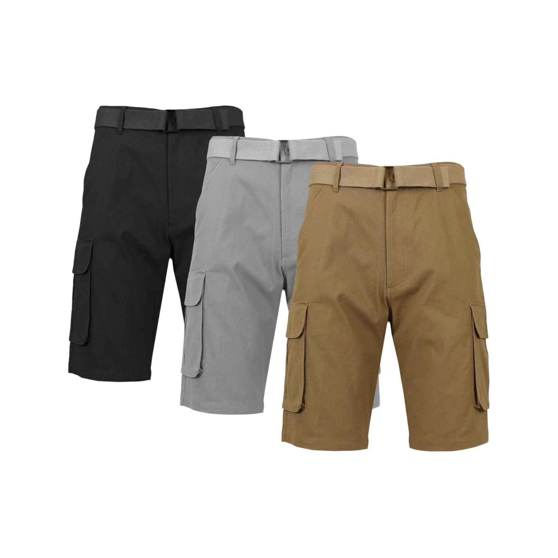 3-Pack Men's Cotton Cargo Shorts with Belt - Soft Stretch Outdoor Cargo Shorts with 6 Pockets