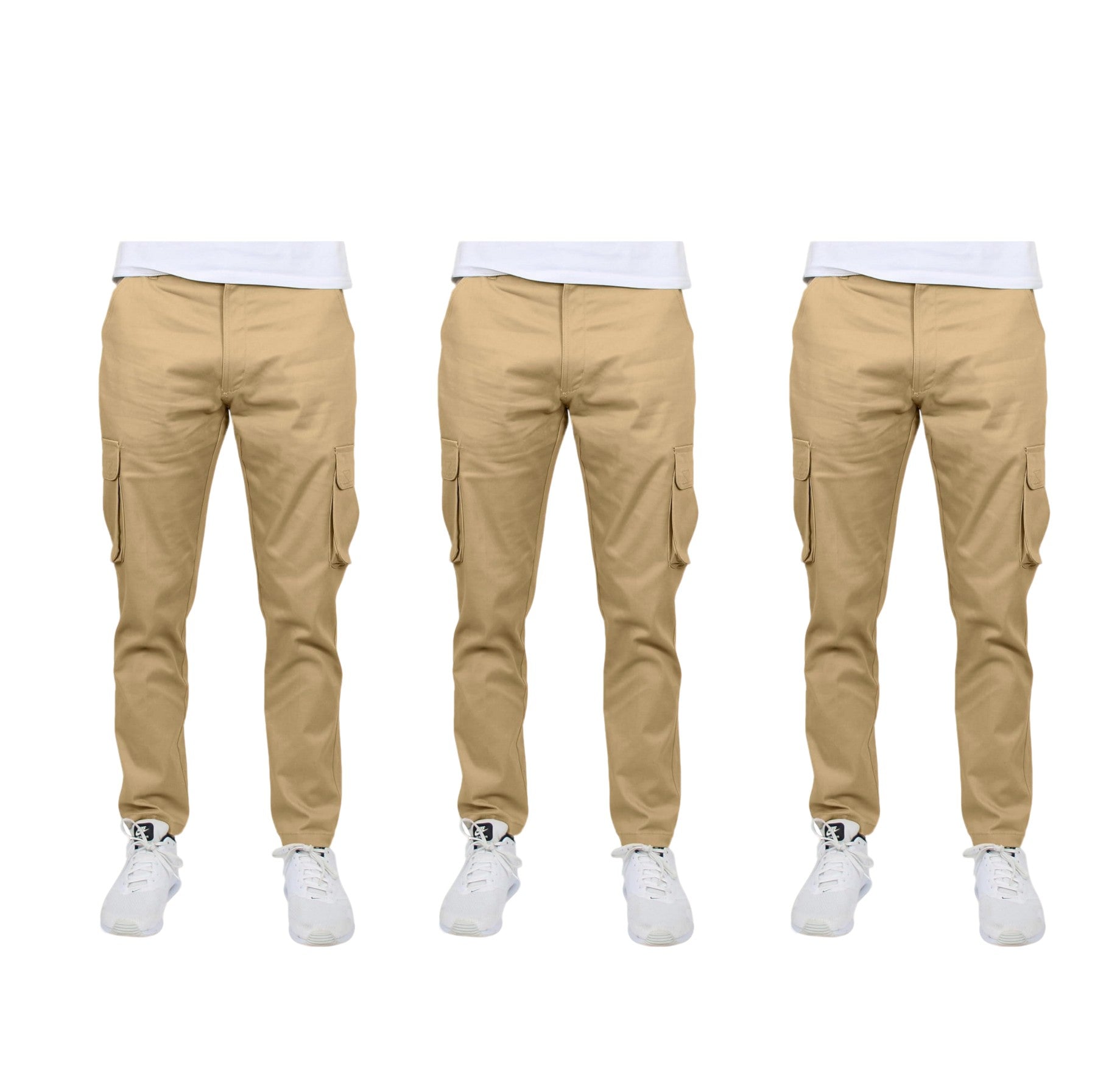 3-Pack Men's Flex-Stretch one size dowen for perfect fit Cotton Cargo Pants 31-Inch Inseam - Comfortable Durable Plain Design in Black Khak