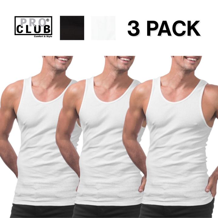 PROCLUB Men's 3-Pack Cotton Ribbed Scoop Neck A-Shirts - Black, White, Slim-Fit Fabric Undershirts for Casual, Streetwear Use, Menswear Tank Top Underwear