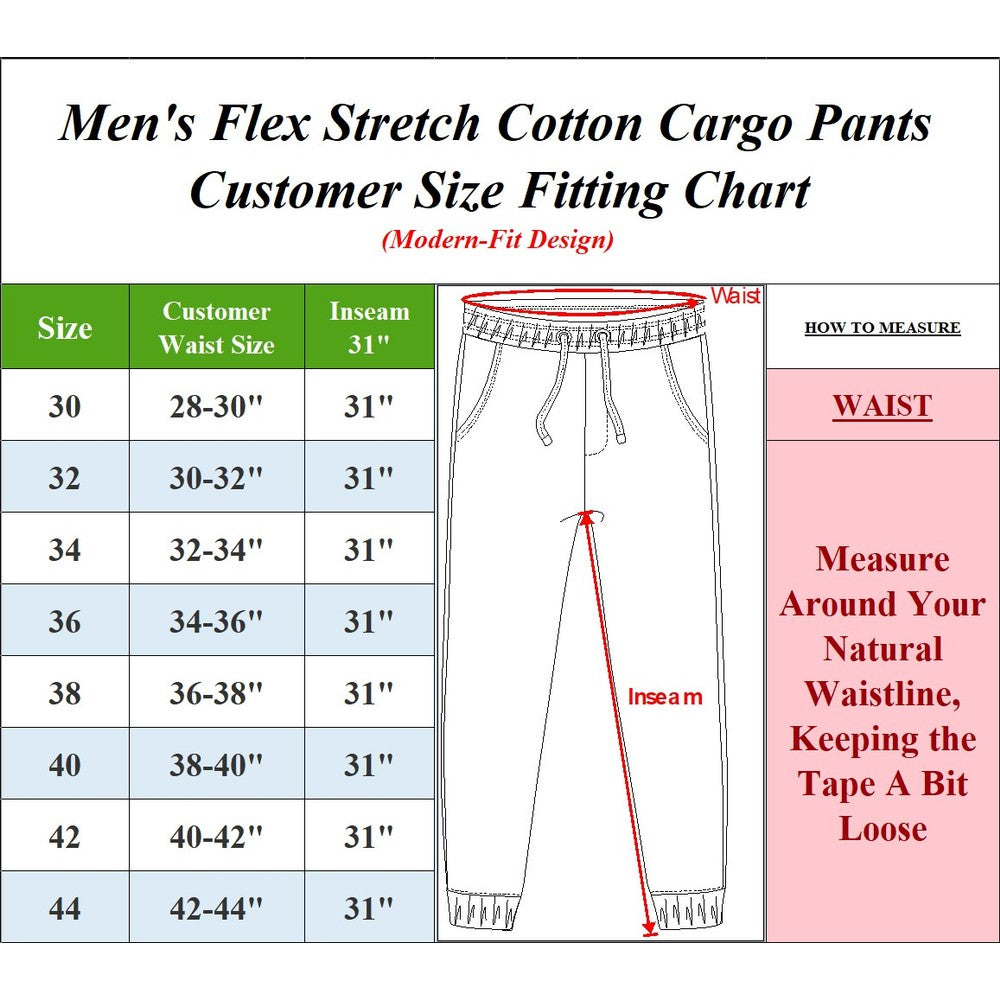 3-Pack Men's Flex-Stretch one size dowen for perfect fit Cotton Cargo Pants 31-Inch Inseam - Comfortable Durable Plain Design in Black Khak