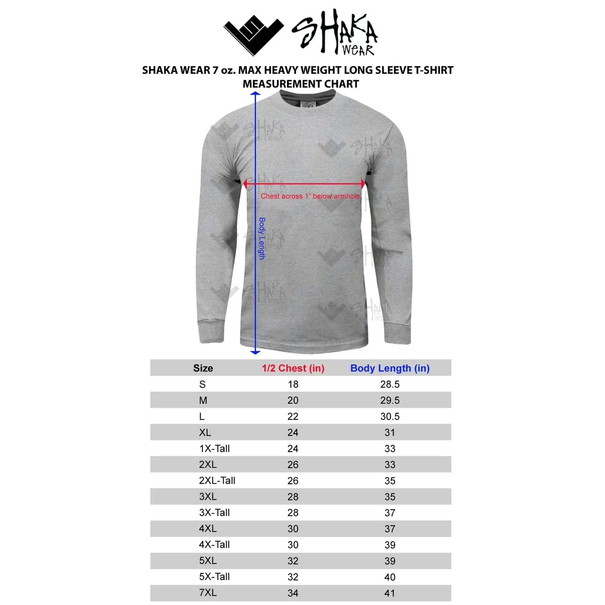 Shaka Wear Long Sleeve Heavyweight Cotton T-Shirt – Max Heavy 7 Ounce Crew Neck Tee Top