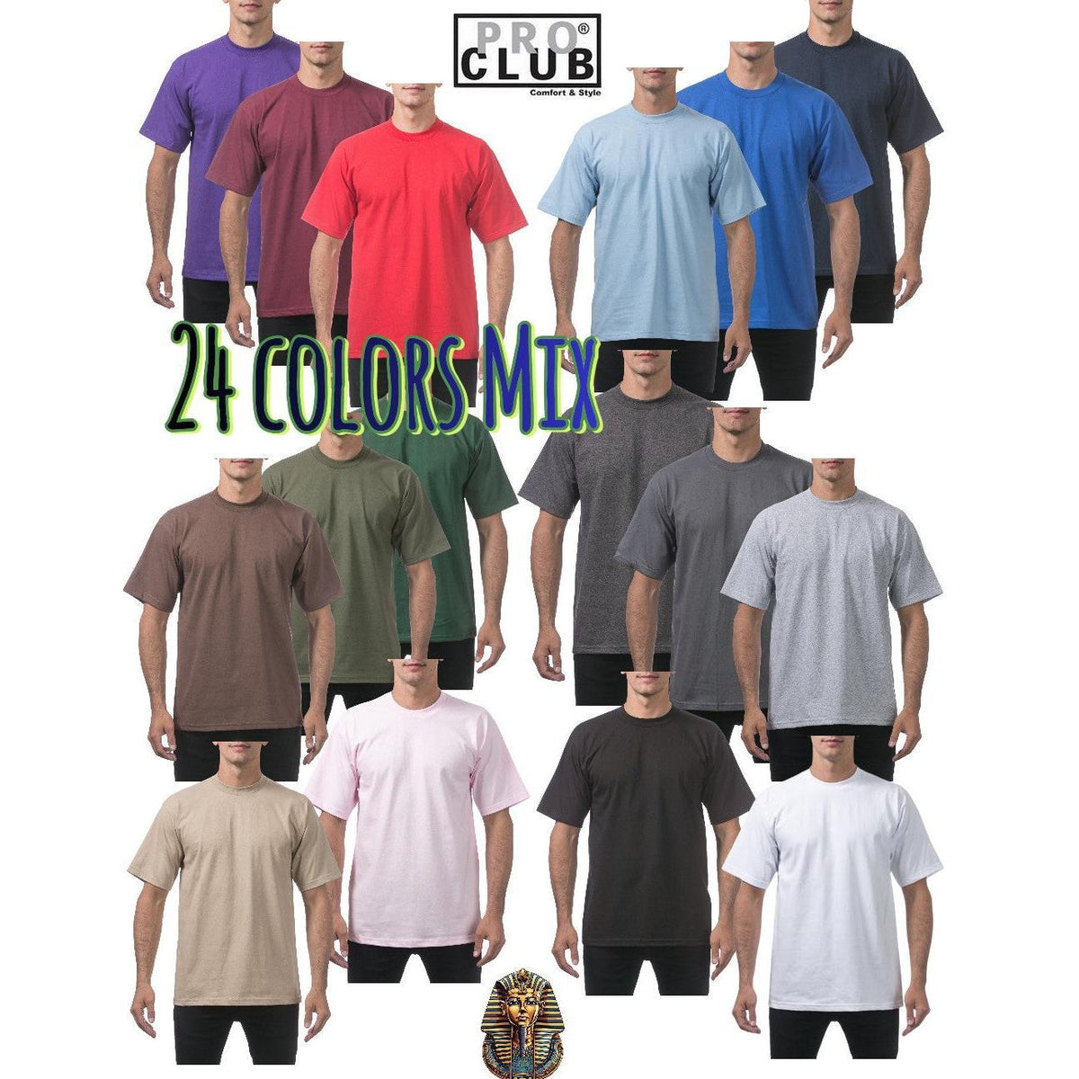 Pro Club Men's 24-Pack Heavyweight Thick Cotton Short Sleeve Crewneck T-Shirts - Warm, Fitted Cut, Plain, Casual Classic Mensfashion Tops with Cotton-Polyester Fabric