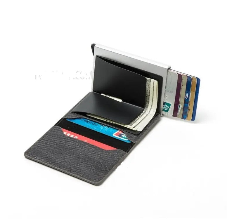 RFID Anti-theft Swiping Business Automatic Magnetic Wallet Denim Metal Card Box