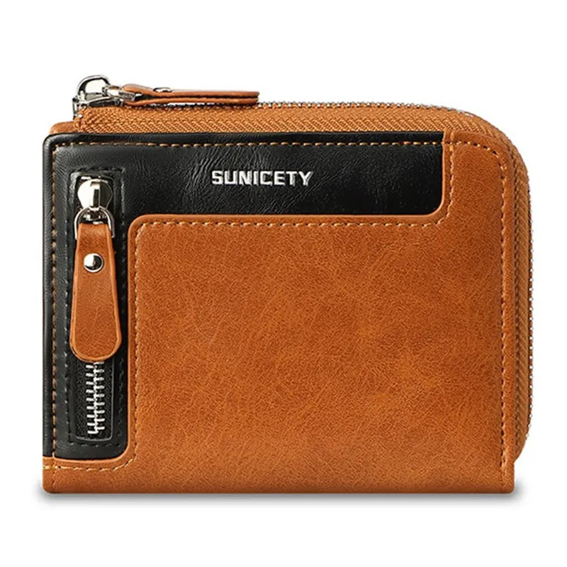 SUNICETY PU Leather Zipper Men Folding Wallet RFID Blocking Cards Cash Storage Bag