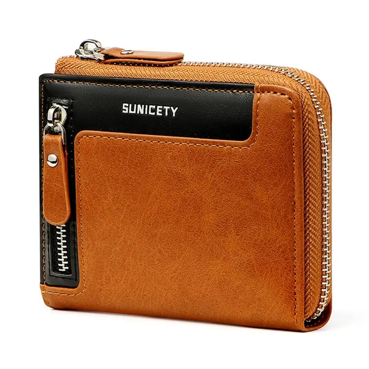 SUNICETY PU Leather Zipper Men Folding Wallet RFID Blocking Cards Cash Storage Bag