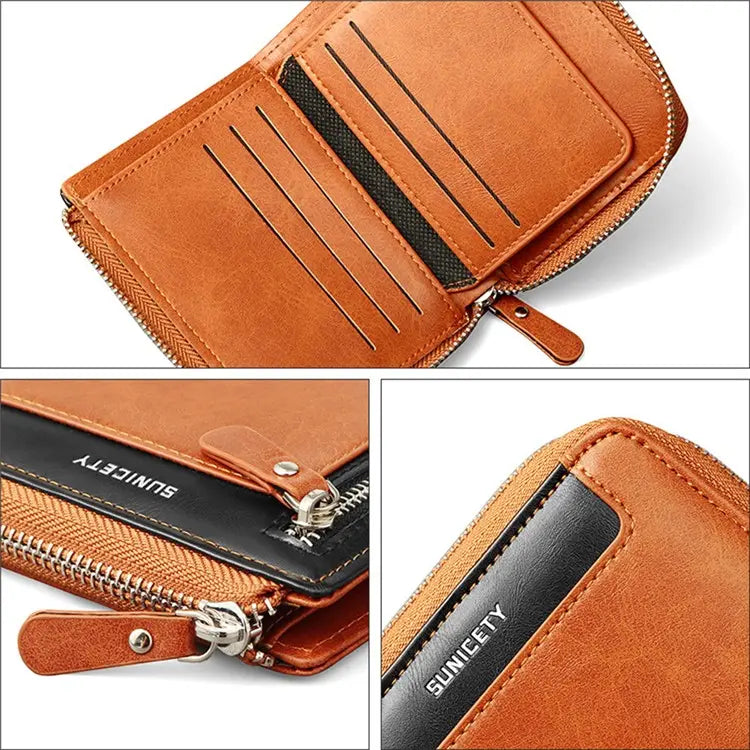 SUNICETY PU Leather Zipper Men Folding Wallet RFID Blocking Cards Cash Storage Bag