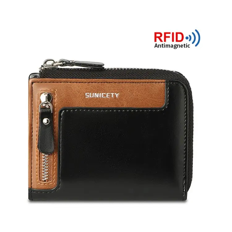 SUNICETY PU Leather Zipper Men Folding Wallet RFID Blocking Cards Cash Storage Bag