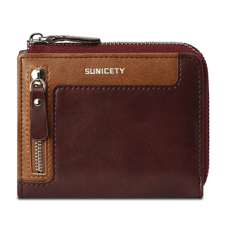 SUNICETY PU Leather Zipper Men Folding Wallet RFID Blocking Cards Cash Storage Bag