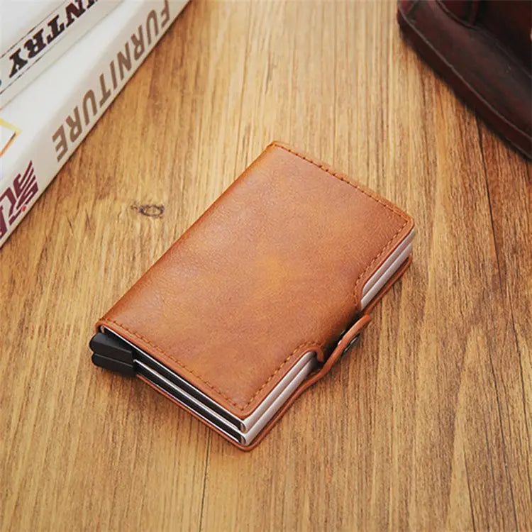 Credit Card Holder RFID Blocking PU Leather  Aluminum Alloy Pop Out Double Layer Card Case