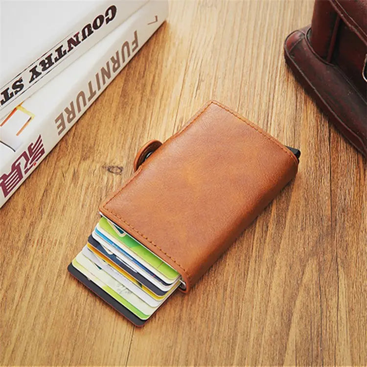 Credit Card Holder RFID Blocking PU Leather  Aluminum Alloy Pop Out Double Layer Card Case