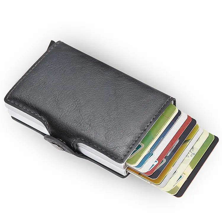 Credit Card Holder RFID Blocking PU Leather  Aluminum Alloy Pop Out Double Layer Card Case