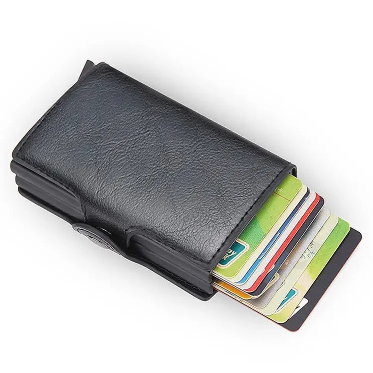 Credit Card Holder RFID Blocking PU Leather  Aluminum Alloy Pop Out Double Layer Card Case