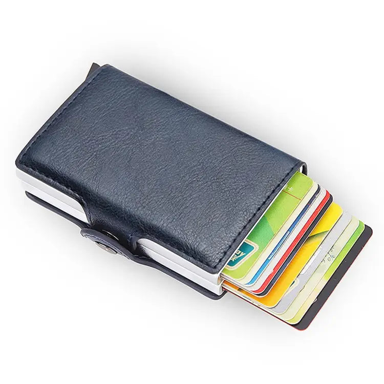 Credit Card Holder RFID Blocking PU Leather  Aluminum Alloy Pop Out Double Layer Card Case