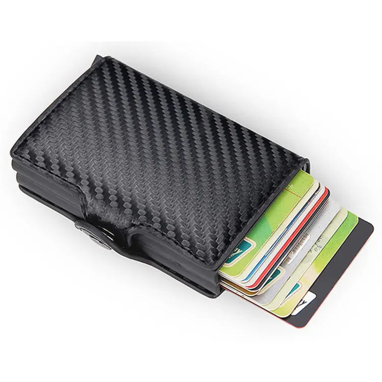 Credit Card Holder RFID Blocking PU Leather  Aluminum Alloy Pop Out Double Layer Card Case