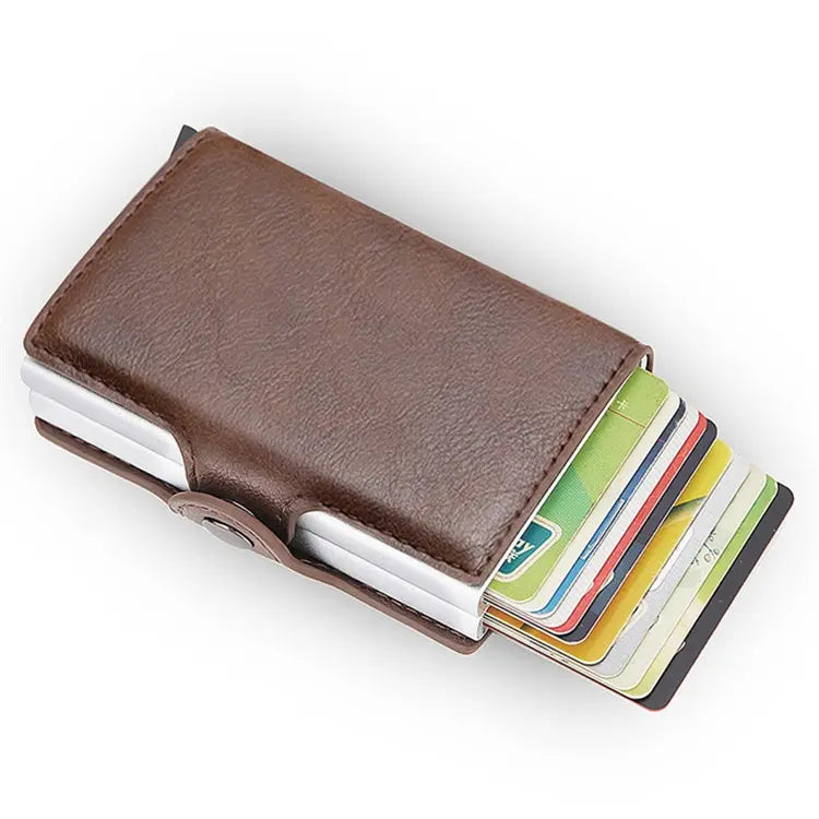 Credit Card Holder RFID Blocking PU Leather  Aluminum Alloy Pop Out Double Layer Card Case