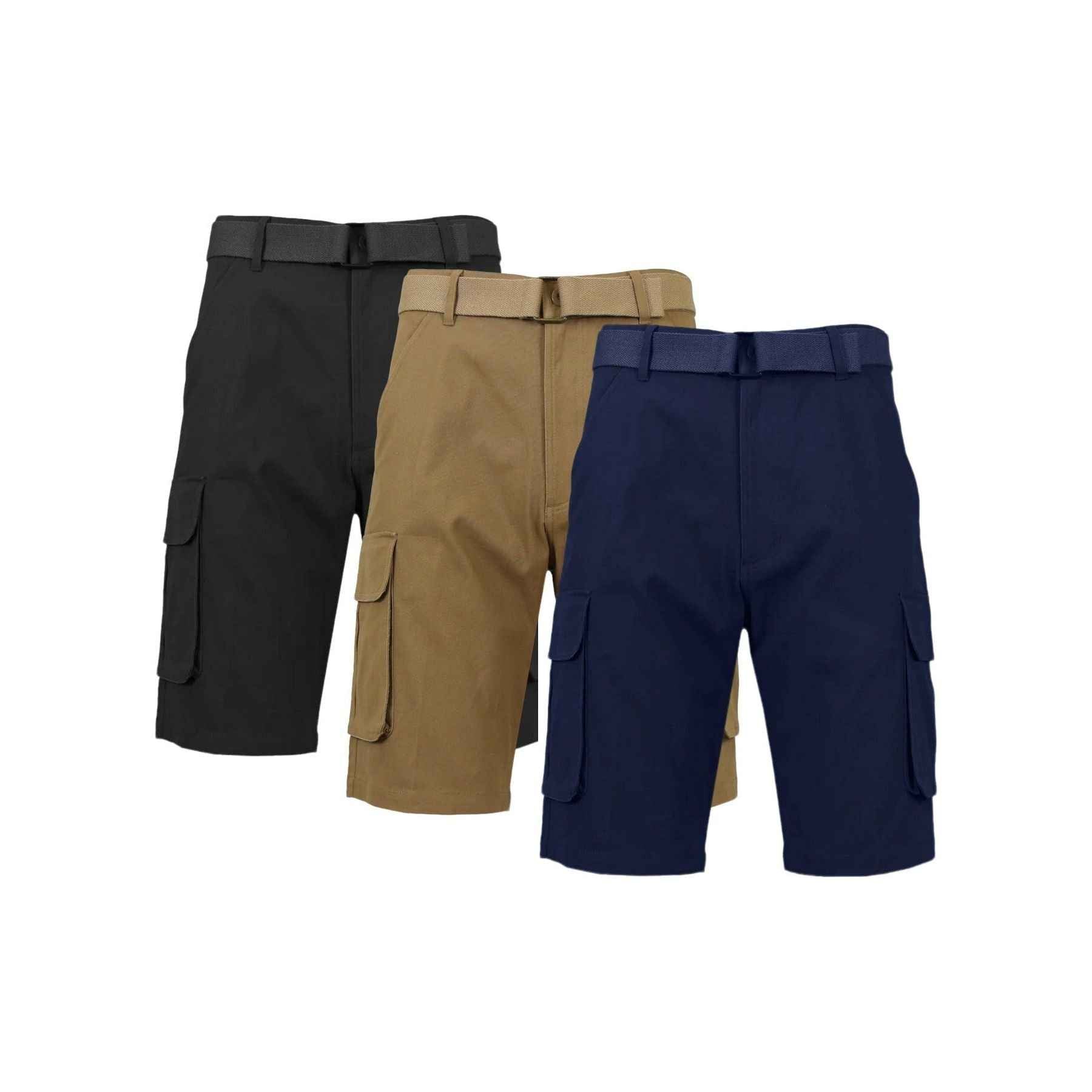 3-Pack Men's Cotton Cargo Shorts with Belt - Soft Stretch Outdoor Cargo Shorts with 6 Pockets