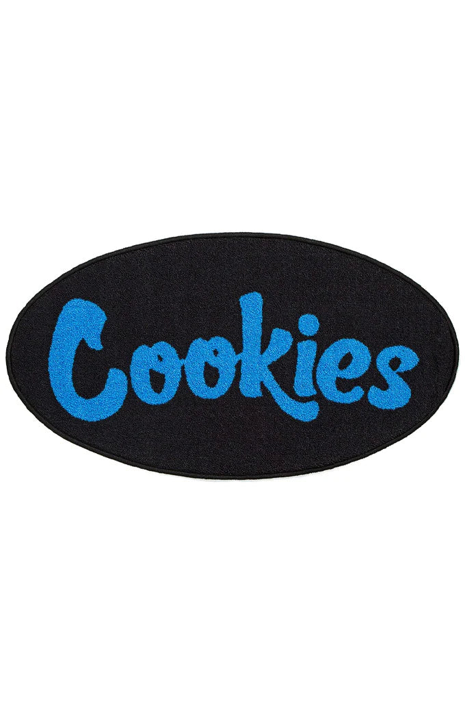 Cookies Berner Oval Floor Rug with Blue Logo and Finished Edges, Black Background - Stylish and Functional Addition to Any Living Space