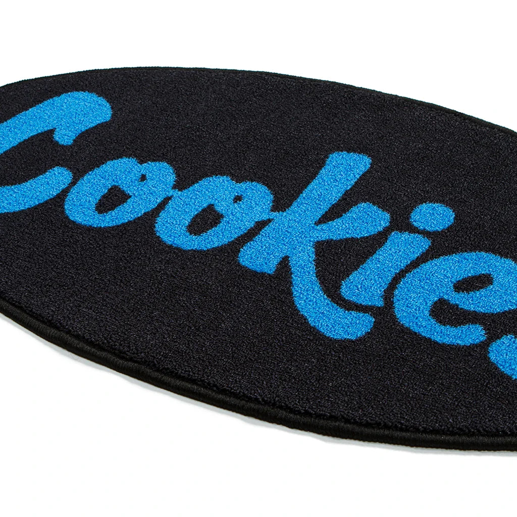 Cookies Berner Oval Floor Rug with Blue Logo and Finished Edges, Black Background - Stylish and Functional Addition to Any Living Space