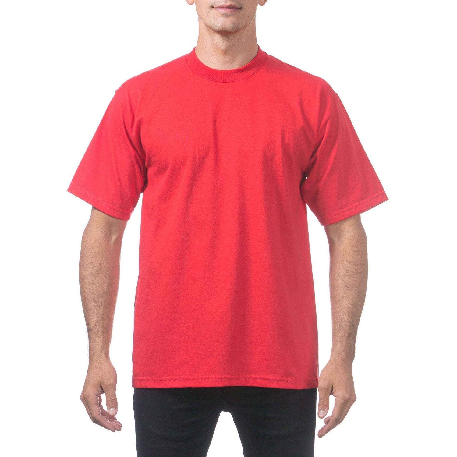Model wearing a bright red Pro Club Heavyweight T-Shirt with short sleeves and a comfortable fit