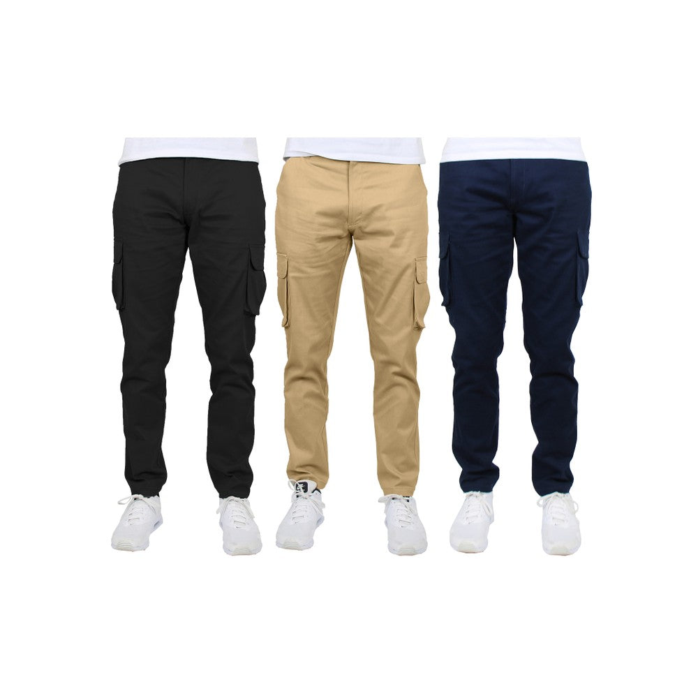 3-Pack Men's Flex-Stretch one size dowen for perfect fit  Cotton Cargo Pants 31-Inch Inseam - Comfortable Durable Plain Design in Black Khak