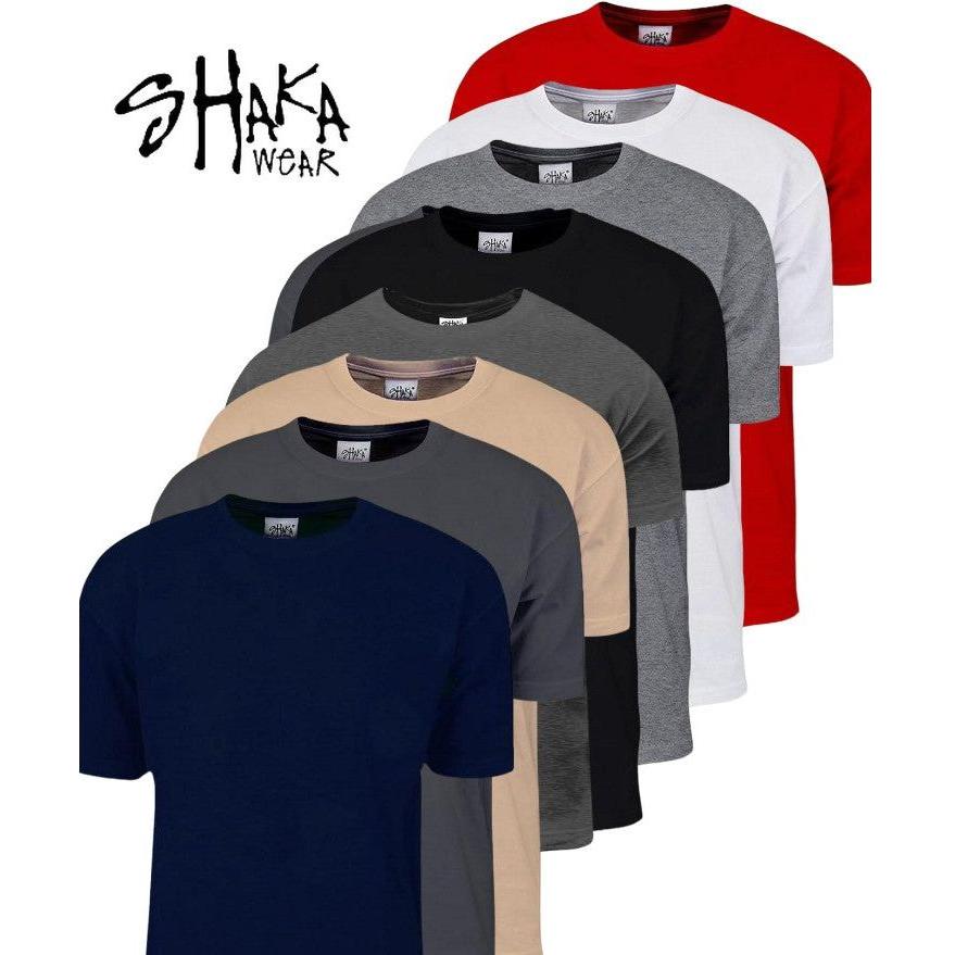 Collection of Shaka Wear Heavyweight T-Shirt in various colors including navy, black, and red